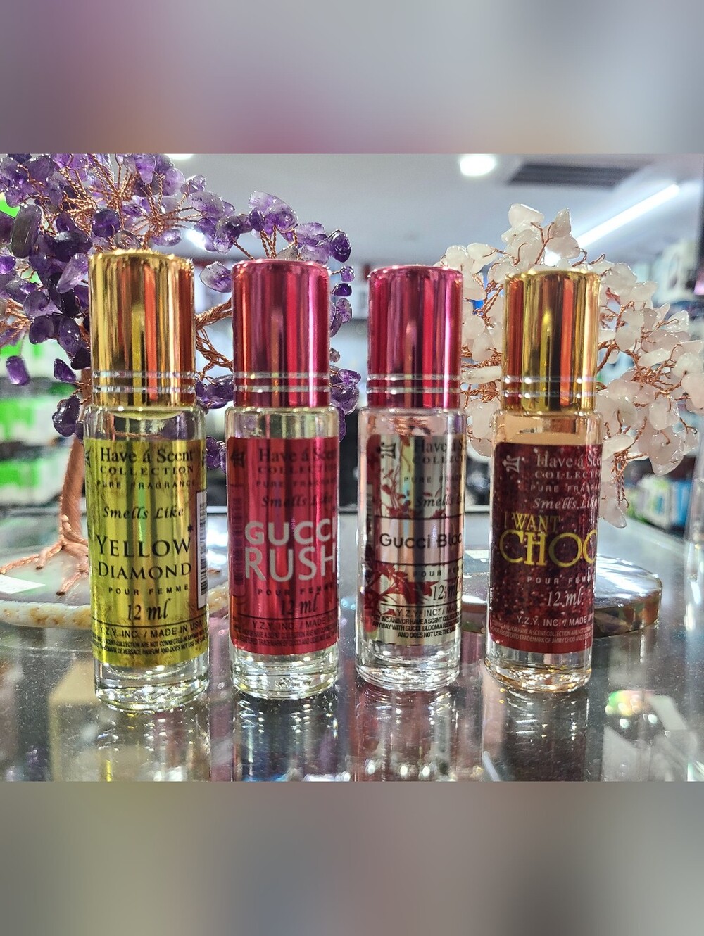 Mini Roller Perfume Set (4) Yellow Diamond, Gucci Rush, BLOOM, IWANT CHOO